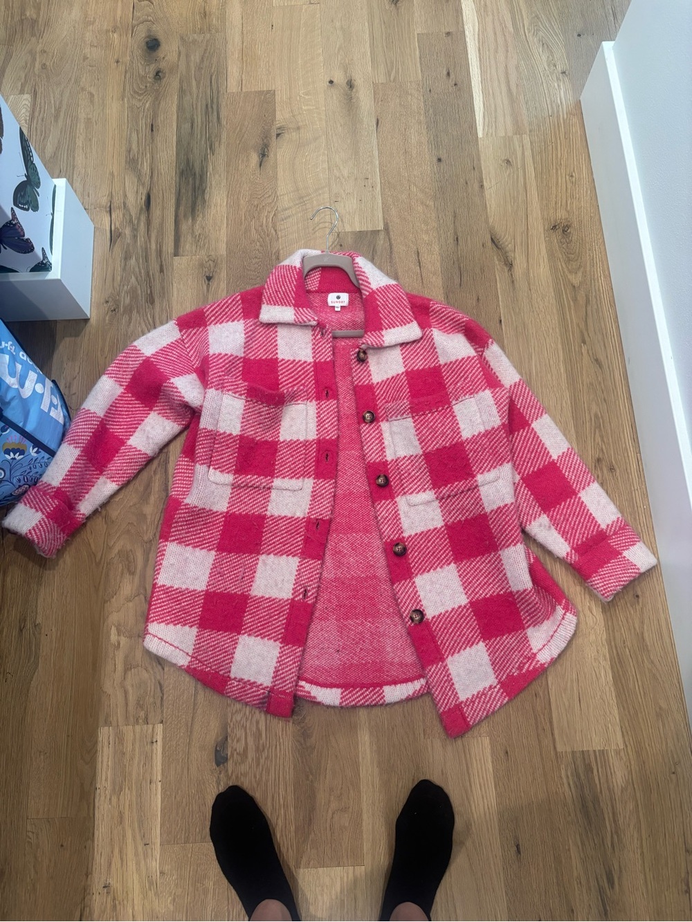 Sundry Pink and Cream Buffalo Check Button Shacket